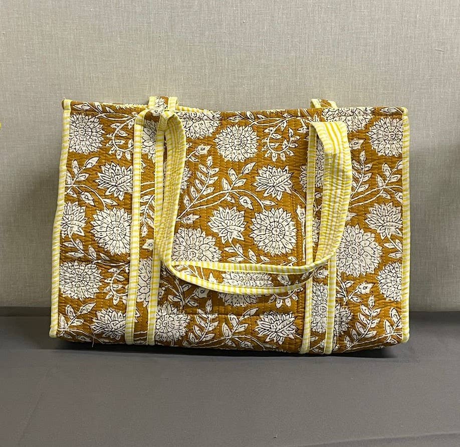 Yellow Chrysanthamum Cotton Kantha Quilted  Tote Bag
