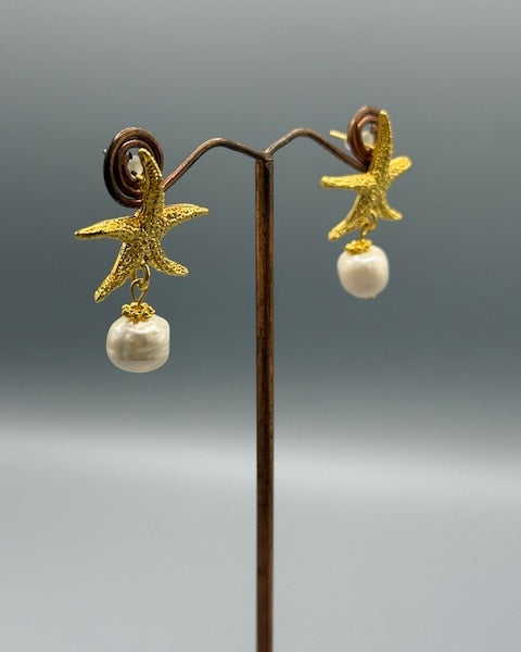 Freshwater Pearl & Gold Starfish Earrings