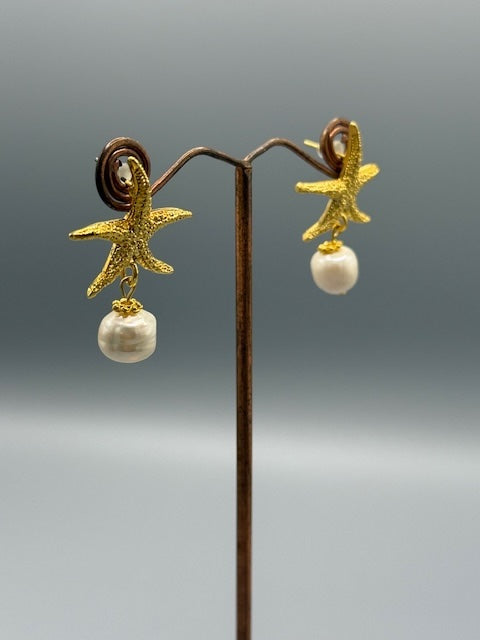 Freshwater Pearl & Gold Starfish Earrings