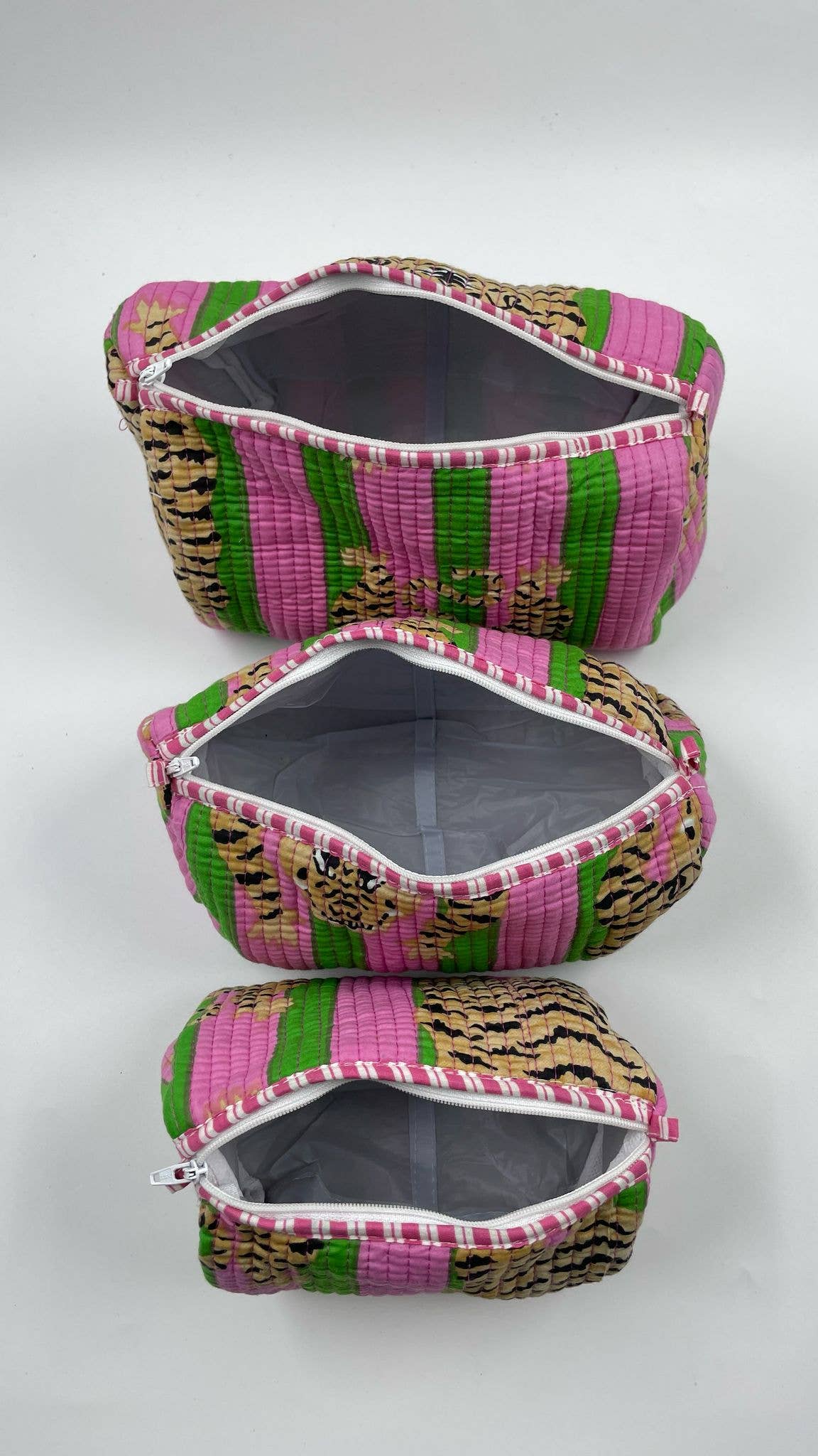 Pink & Green Tiger quilted wash bags -  Set of 3 small, medium & large