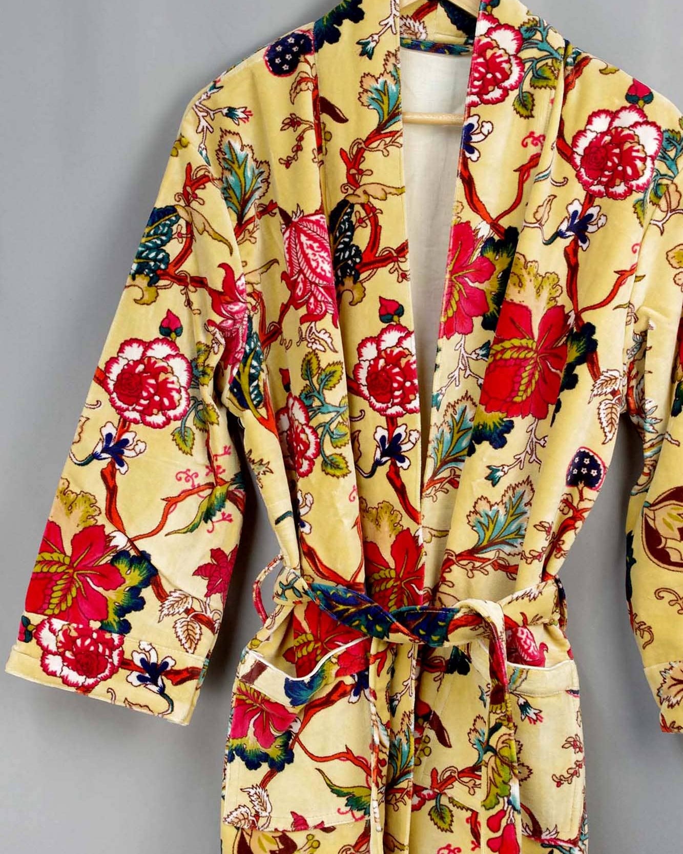 Velvet Kimono With Lining Gown - Yellow Tropical Floral