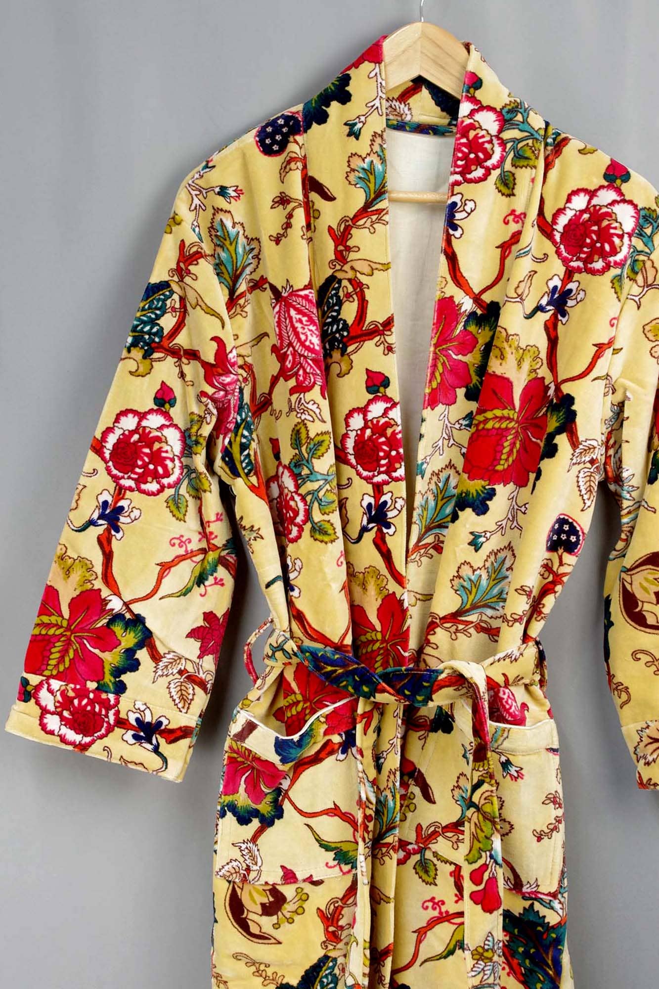 Velvet Kimono With Lining Gown - Yellow Tropical Floral