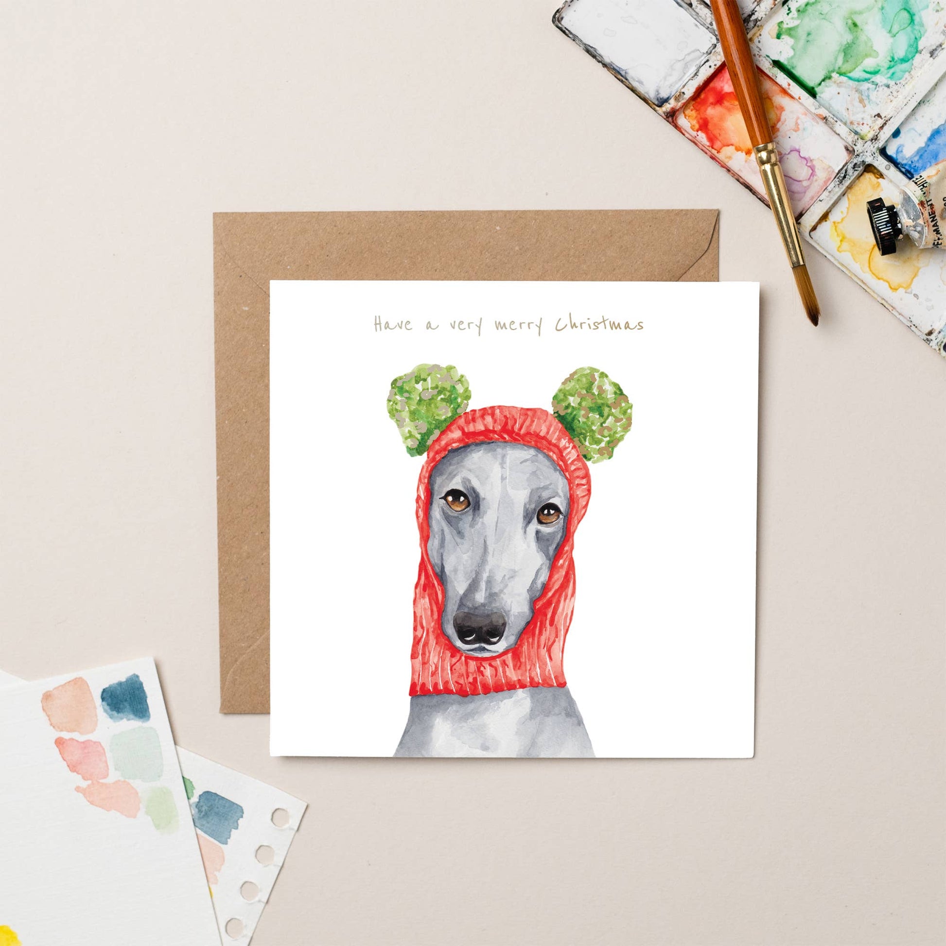 Greyhound in Wooly Hat Christmas card with Gold Foil