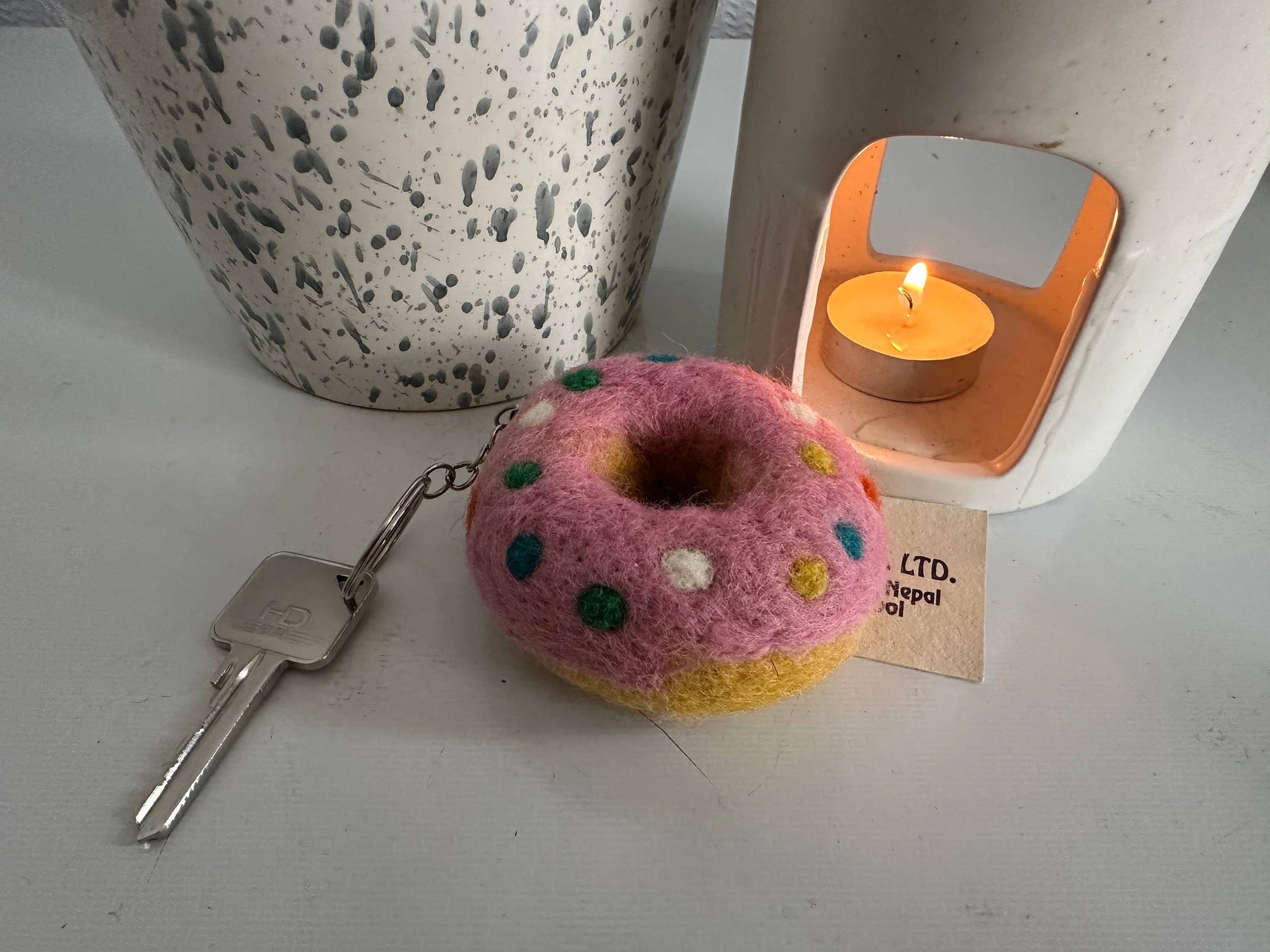Donut Strawberry Sprinkle Keyring - Handmade in felt