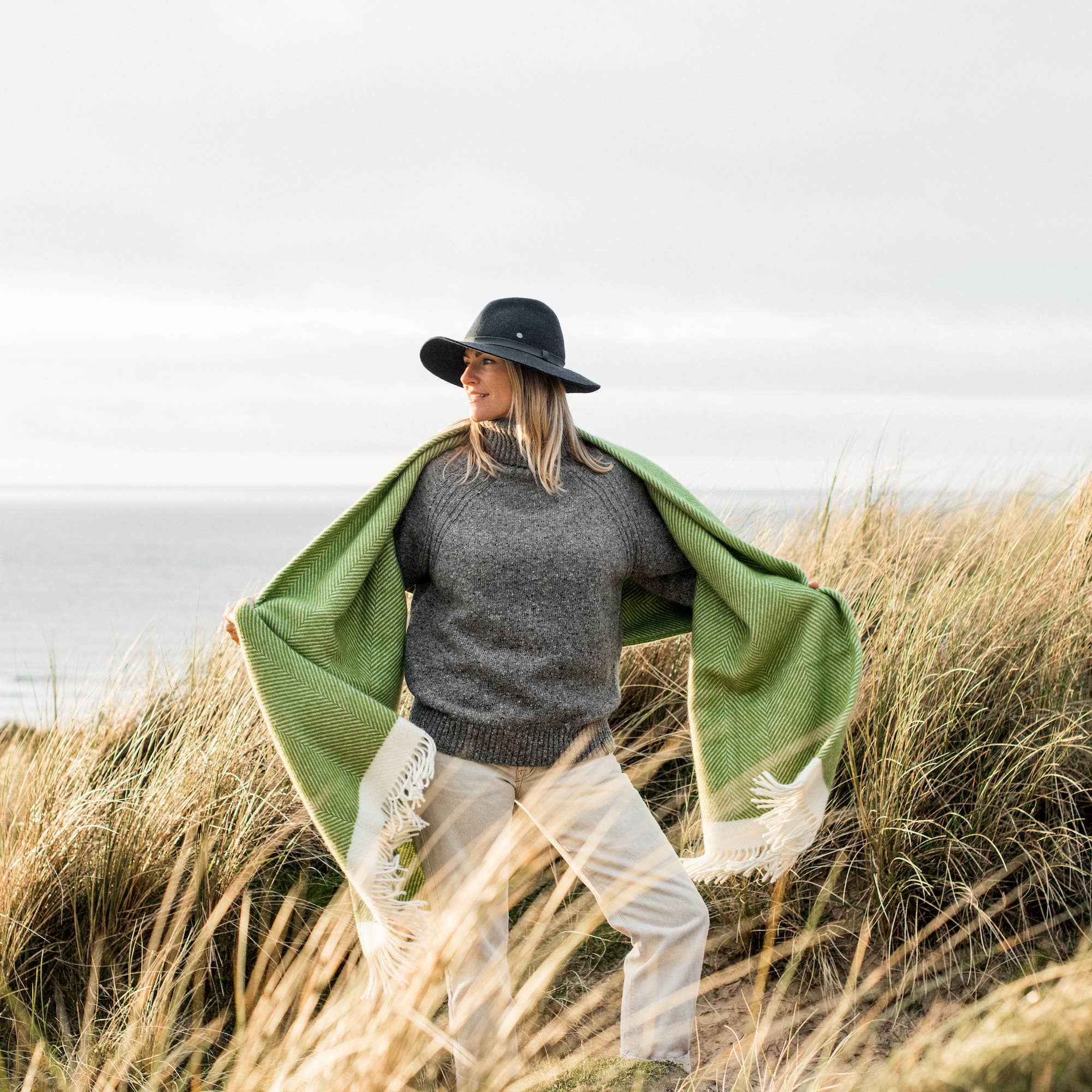 Kelp Green Herringbone Wool Blanket: Large 130 x 200cm